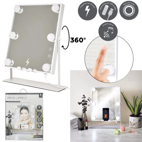 Intesi Lustro LED stojące do makijażu z głośnikiem i ładowarką białe prostokątne