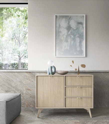 Komoda Sage Wood z szufladami w jodełkę boho glamour na nóżkach 106 cm do salonu Intesi