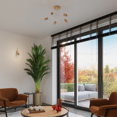 Żyrandol sufitowy EMBER 5 biały minimalistyczny z drewnem do salonu i jadalni 61 cm