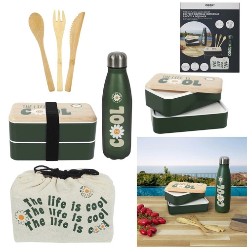 Lunchbox Intesi zielony dwupoziomowy z drewnianym wieczkiem i butelką do pracy lub szkoły