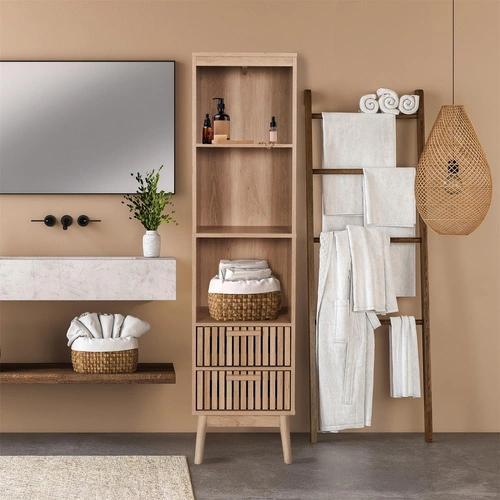 Regał na książki Klaus nowoczesny drewniany z 2 szufladami do salonu naturalny 40 cm