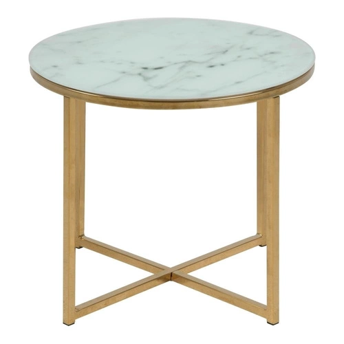 Stolik kawowy okrągły szklany Alisma 50 cm biały marmur glamour złoty do salonu Actona