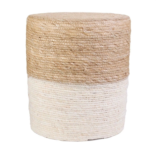 Pufa Bolsa okrągła boho pleciona naturalna i biała do salonu i sypialni Intesi 41 cm