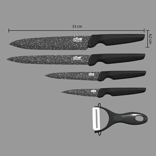 Zestaw noży kuchennych Caractere 5five czarny z obieraczką do warzyw i owoców