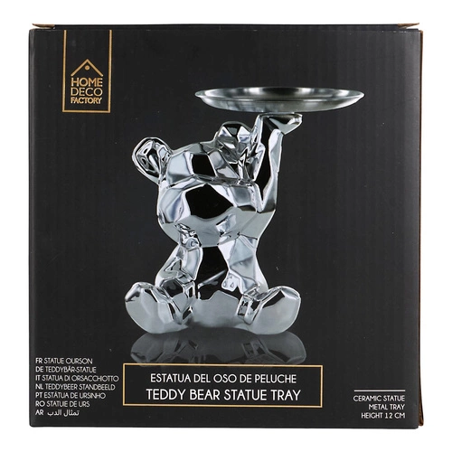 Figurka dekoracyjna Miś origami Intesi ceramiczna ze srebrną tacą do salonu i przedpokoju