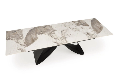 Stół rozkładany do jadalni Margareth biały marmur 180-260 cm nowoczesny blat spiek czarne nogi