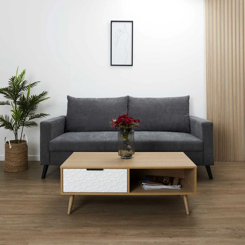 Stolik kawowy prostokątny drewniany Carta retro z szufladą do salonu biały Intesi 100x50 cm