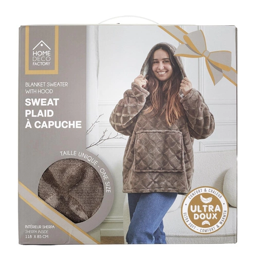 Bluzo koc z kapturem Intesi brązowy ciepły koc do salonu i sypialni
