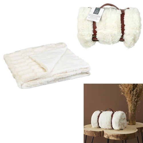 Koc Furry biały miękki koc polarowy na kanapę i łóżko z uchwytem Intesi 120x150
