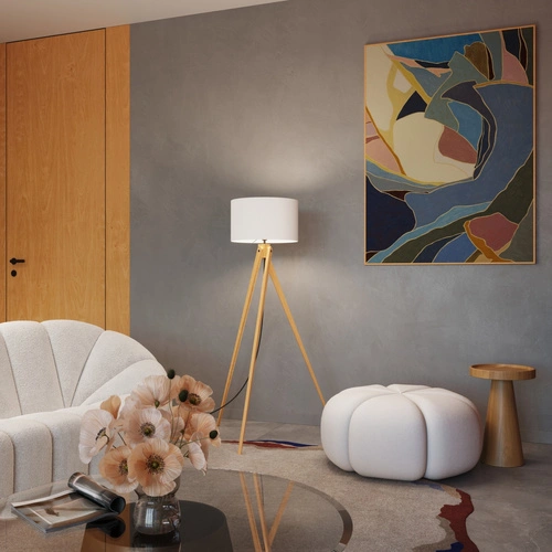 Lampa stojąca biała NATT nowoczesna drewniana podłogowa do salonu z abażurem