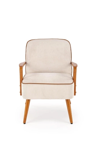 Fotel wypoczynkowy Grejs beżowy skandynawski do salonu z tkaniny na drewnianych nogach