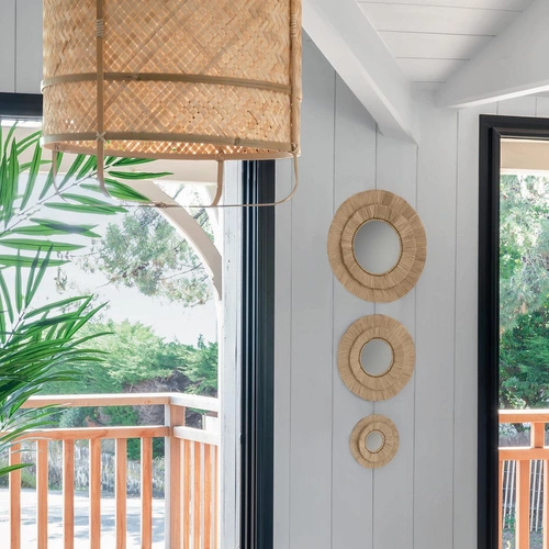 Zestaw 3 okrągłych luster boho Alba wiszących z rafią do salonu lub sypialni Atmosphera