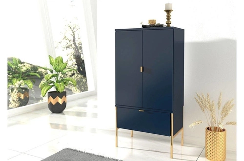 Komoda wysoka Polka Navy Blue glamour z szufladą i szafkami na złotych nogach do salonu 120 cm
