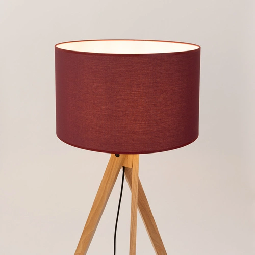 Lampa stojąca do salonu NATT burgund nowoczesna drewniana trójnóg z abażurem 140 cm