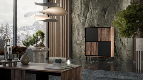 Komoda Miri nowoczesna orzechowa z frezowanym frontem na czarnych nogach 102 cm do salonu