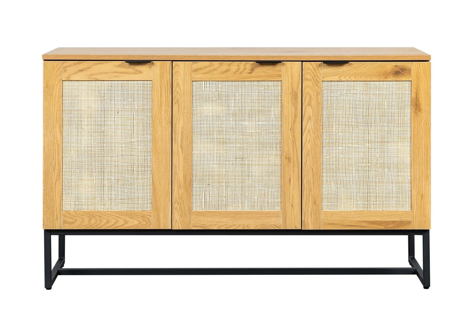 Komoda Capri 120 cm rattanowa z szafkami na czarnych nogach do salonu nowoczesna boho