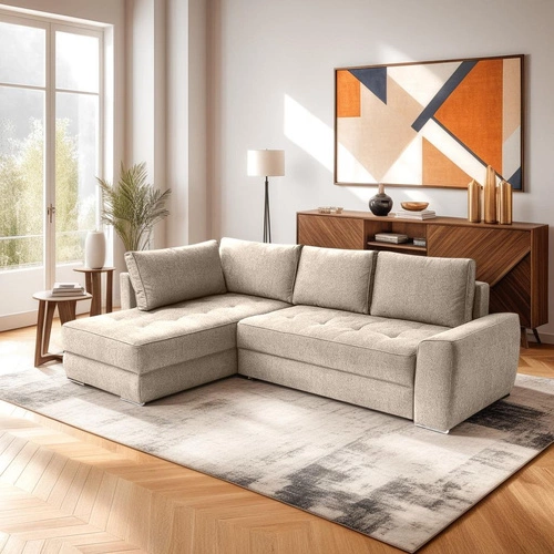 Narożnik z funkcją spania Rabis beżowy nowoczesny do salonu z pojemnikiem Intesi