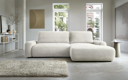 Narożnik z funkcją spania Domle prawy biały sztruksowy nowoczesny do salonu z pojemnikiem