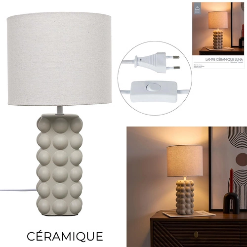 Lampka nocna do sypialni Ramil ceramiczna beżowa nowoczesna z abażurem Intesi 40 cm