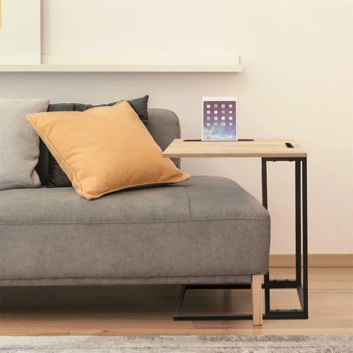 Stolik kawowy boczny Stand industrialny prostokątny metalowy z blatem drewnianym do salonu Intesi