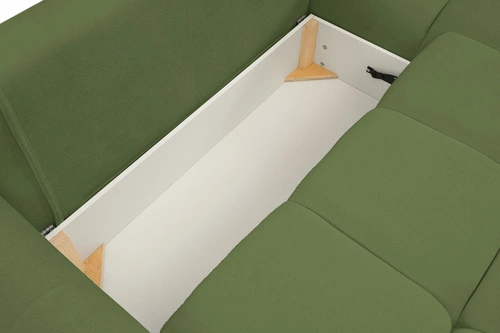 Narożnik z funkcją spania do salonu Bode prawy zielony nowoczesny z pojemnikiem