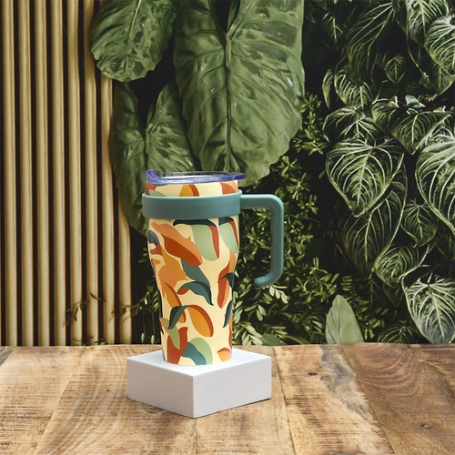 Kubek termiczny Mini Miami Floral 600 ml zielony uchwyt metalowy do kawy i herbaty Intesi