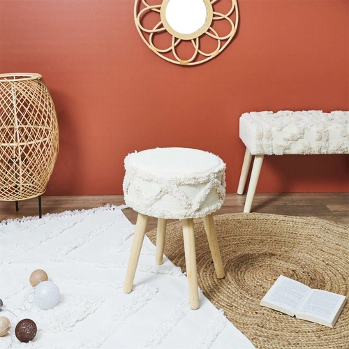 Stołek drewniany Boho Bali Intesi tapicerowany beżowy do toaletki i sypialni 41 cm