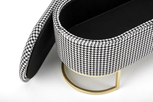 Ławka tapicerowana Edessa ze schowkiem do przedpokoju w pepitkę glamour na złotych nogach