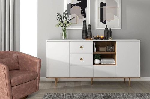 Komoda biała glamour z szufladami Harmoni 160 cm drewniana na złotych nóżkach do salonu SKANDICA