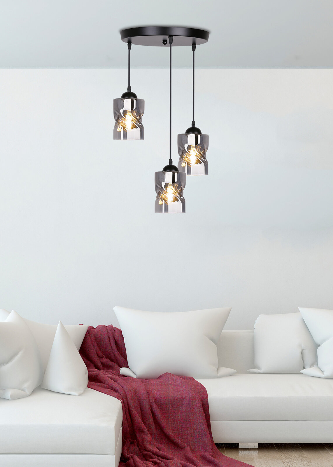 Lampa wisząca Felis 3-punktowa czarna szklana dymiona do salonu i nad stół regulowana