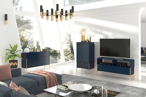 Komoda wysoka Polka Navy Blue glamour z szufladą i szafkami na złotych nogach do salonu 120 cm