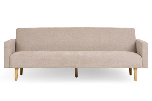 Sofa rozkładana z funkcją spania Kells beżowa skandynawska do salonu na drewnianych nogach