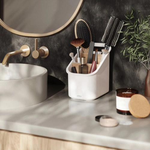 Organizer kuchenny Bellwood Umbra biały naturalny z drewna trzy poziomy z przegródkami do kuchni