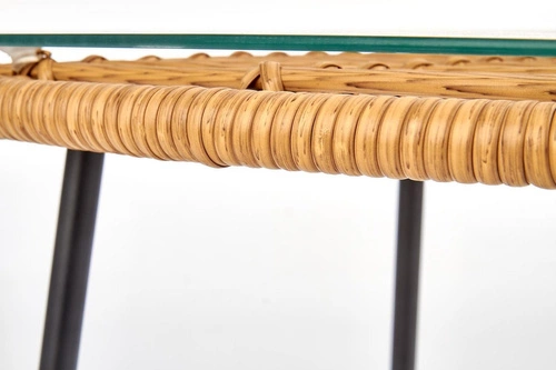 Stolik kawowy Surabaya kwadratowy boho rattanowy z blatem szklanym czarny do salonu 51x51 cm
