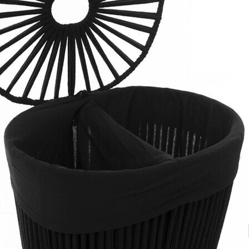 Kosz na pranie 2 komory Manille 40l czarny z drewna mango i bawełny do łazienki boho