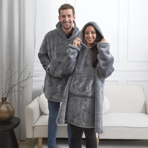 Intesi Snuddie ciepły bluzo koc z kapturem szary, miękki koc na kanapę do salonu