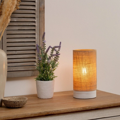 Lampka nocna Elva boho z drewna sosnowego i lnu do sypialni Atmosphera wys. 27 cm