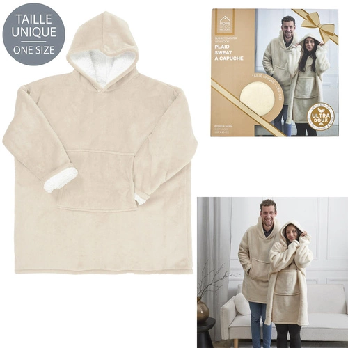 Bluzo koc z kapturem Intesi beżowy ciepły koc na kanapę do salonu 120x80 cm