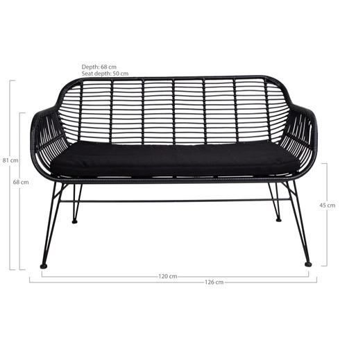 Sofa dwuosobowa nowoczesna Trieste z podłokietnikami polirattan czarny do salonu i przedpokoju