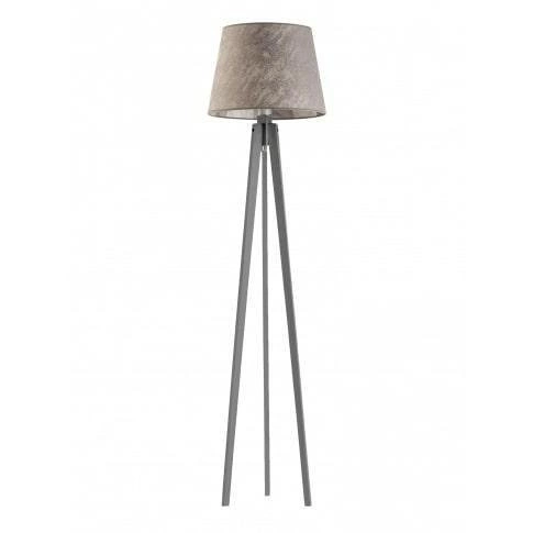 Lampa podłogowa drewniana Curacao nowoczesna z szarym abażurem do salonu i sypialni Lysne