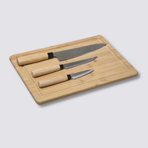 Zestaw 3 noży kuchennych ze stali nierdzewnej i bambusowa deska do krojenia z rowkiem 5five
