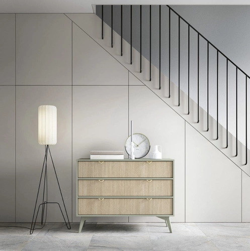 Komoda z szufladami Sage 106 cm w jodełkę szałwiowa glamour na nóżkach do salonu Intesi