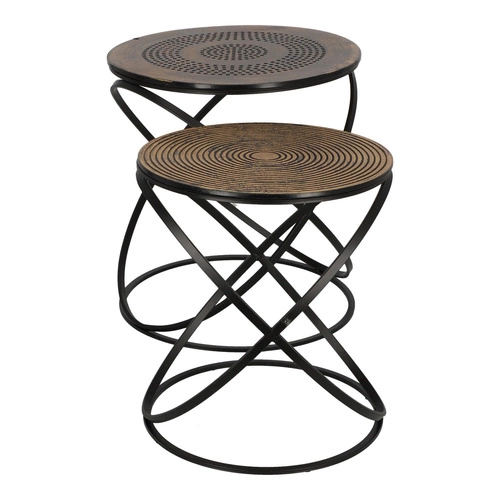 Zestaw 2 okrągłych stolików kawowych Etnik loft złoty czarny do salonu Atmosphera