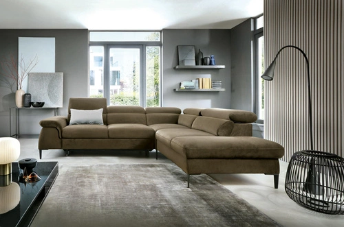 Narożnik z funkcją spania Silvo L prawy oliwkowy skandynawski do salonu z pojemnikiem