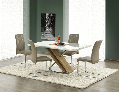 Stół do jadalni Xylon nowoczesny biały z blatem szklanym i nogami dąb sonoma 160x90 cm Intesi