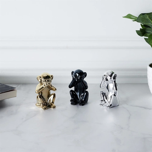 Figurka dekoracyjna Monkey srebrna ceramiczna do salonu na komodę nowoczesna Intesi 10 cm