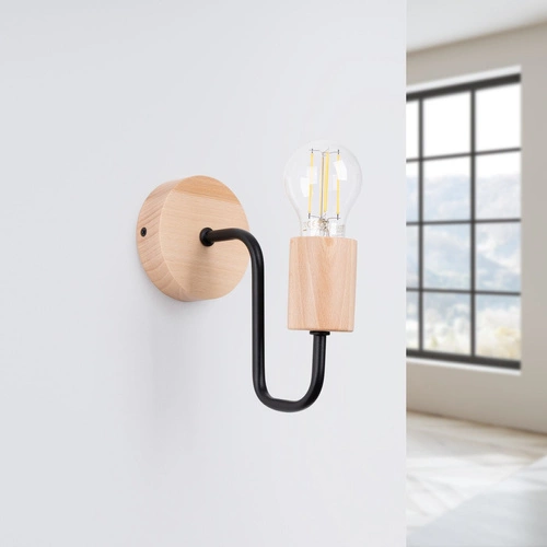 Kinkiet ścienny loftowy TIMBO czarny z drewnem do salonu i sypialni SOLLUX LIGHTING