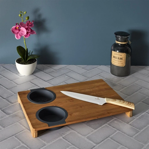 Intesi Bamboo nowoczesna deska do krojenia z miską i sitkiem do warzyw 40x28 cm