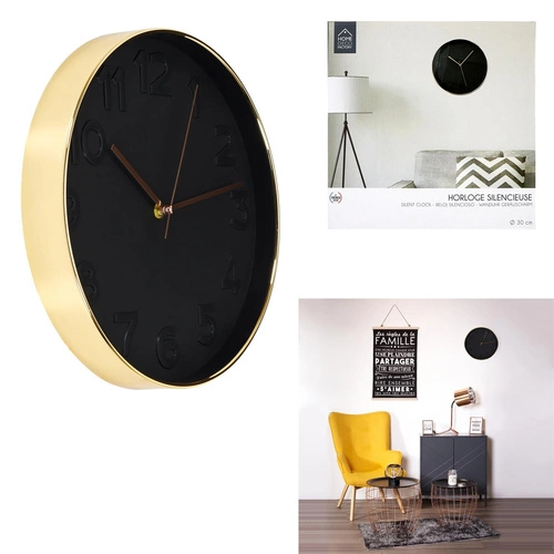 Nowoczesny zegar ścienny Rotin Intesi czarno-złoty do salonu Ø 31 cm elegancki design