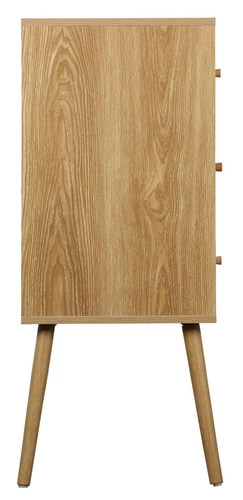 Komoda Ballo 3 szuflady boho z rattanu i drewna, komoda do salonu i sypialni na nóżkach